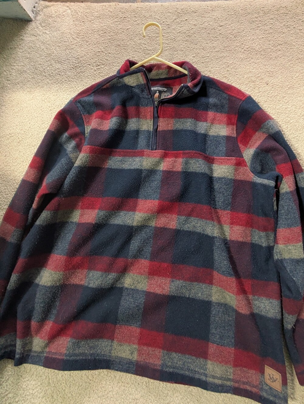 John Wayne Men’s Red Blue Plaid  1/4 Zip Pullover Fleece Flannel Jacket XL